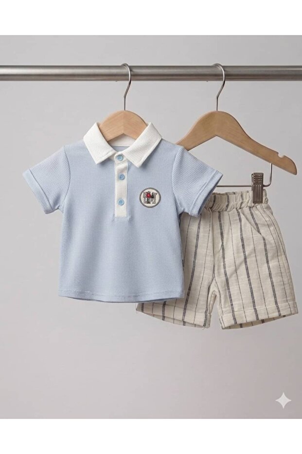 Waffle Textured Polo Collar Baby Boy Summer Set - 100% Cotton