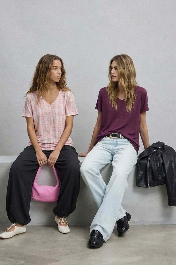 قطعتان من تي شيرت بيك أسبريسو مزيج فيسكوز برقبة على شكل حرف V