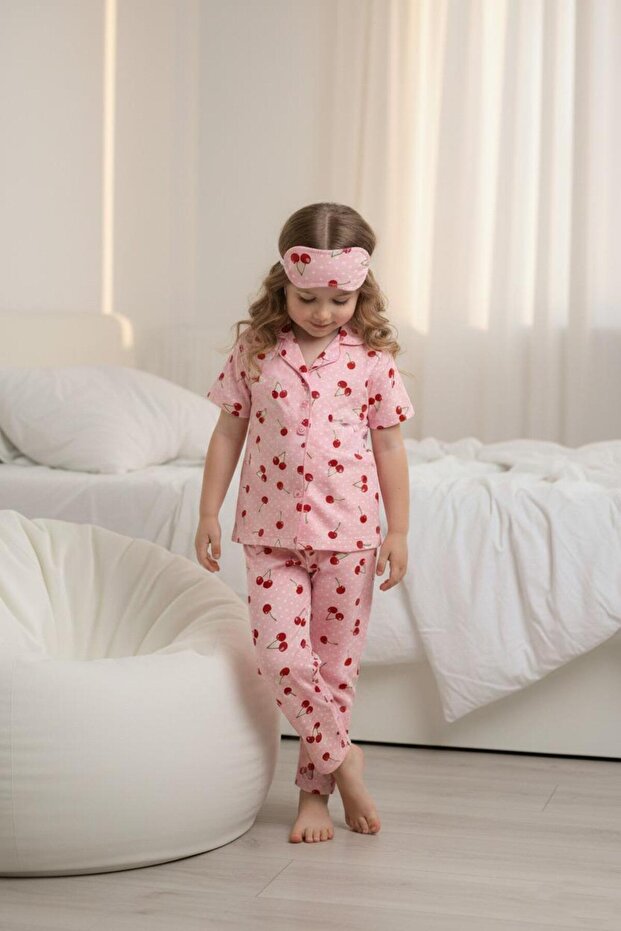 Polka Dot Cherry Patterned Bamboo Front Buttoned Eye Patched Short Sleeve Pajama Set 2003