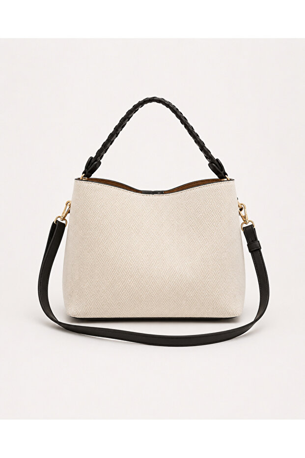 Black Women's Canvas Textured Hand and Shoulder Bag - Stylish Design with Knitted Handle