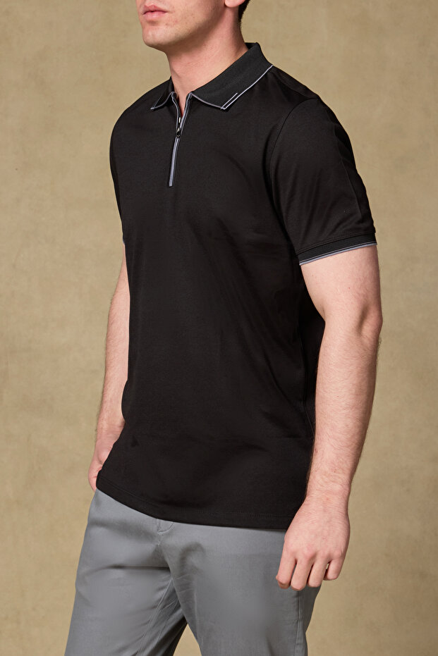 Nero Merserize Pamuklu Modern Fit Siyah Polo Yaka Erkek Düz Polo Shirt