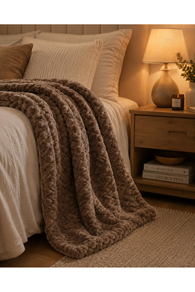 Auraa King Jacquard blanket 280gsm, 200x240cm Beige