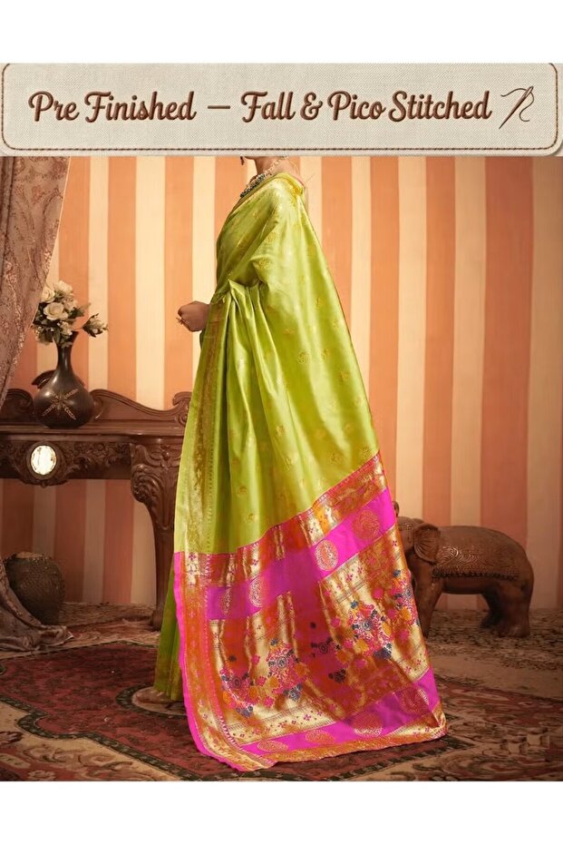 Pure Paithani Silk Saree with Rich Zari Pallu and Peacock Motifs | Fall and Pico Stitched