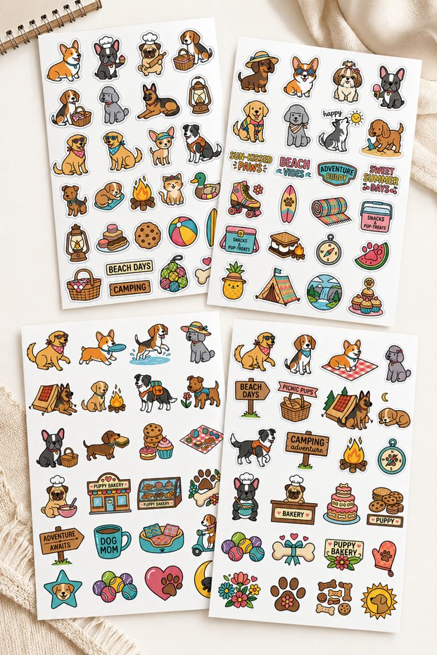 Cute Dog Sticker Set 4 Sheets – Dog Lovers Agenda, Notebook, Journal Decorative Stickers, Happy Paws Sticker Set 4 Sheets – Cute Dog Stickers, Journal Planner Notebook Laptop Sticker