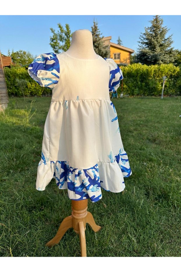 Blue Branch Patterned Girl's White Dress