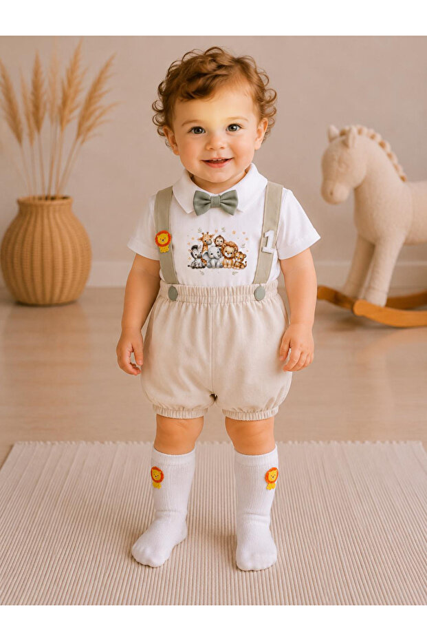 Safari Concept Sand 1 Year Old Salopet Shirt Socks Bow Tie Set