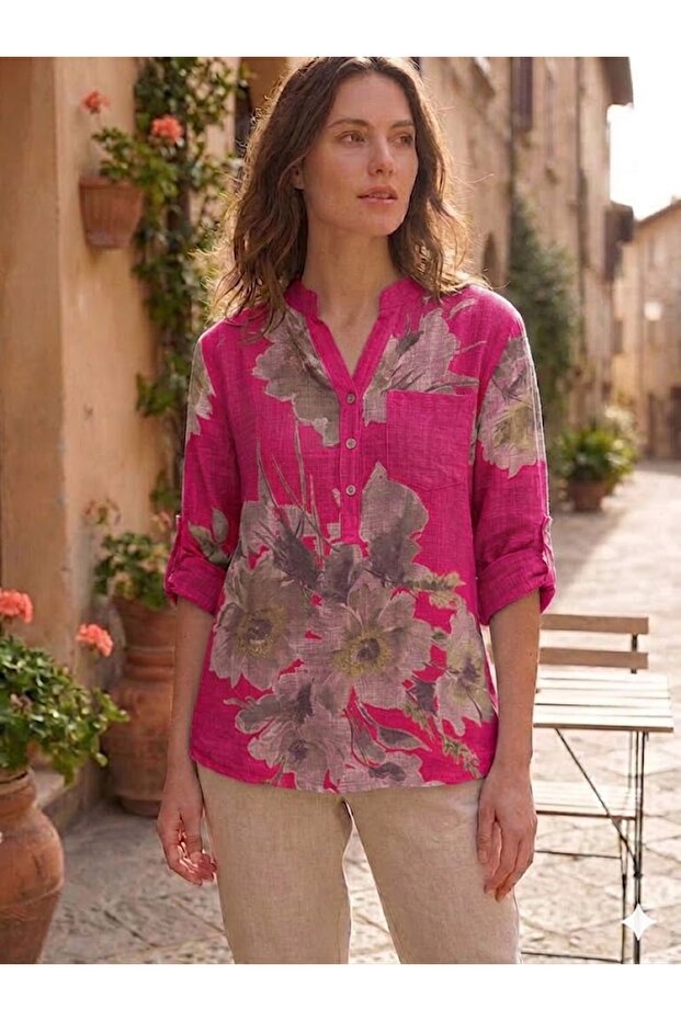 Women's Italian Three-Button Collar Floral Pattern Pocketed 100% Cotton Blouse