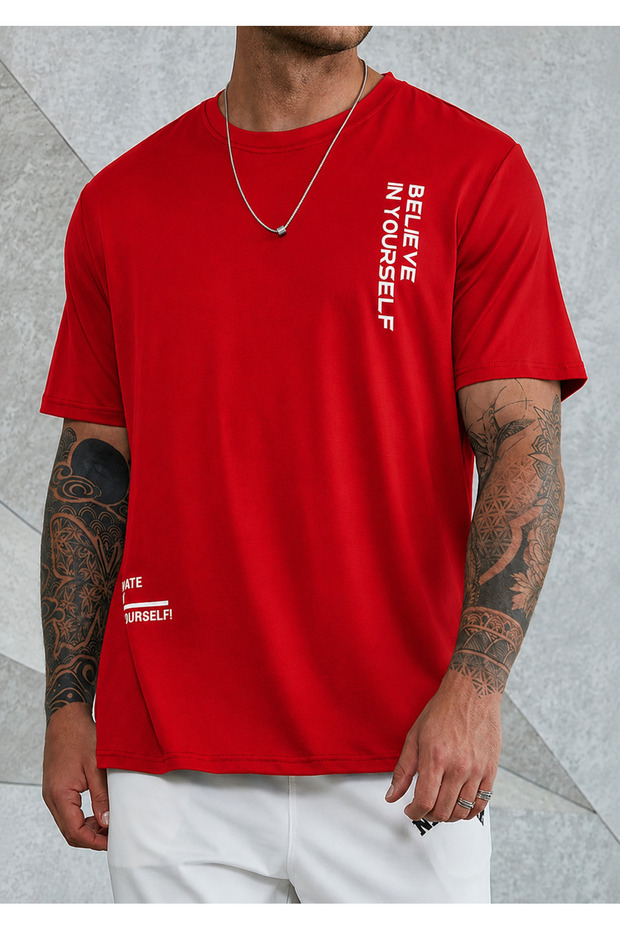 Men's Oversize Printed T-Shirt – Motivational Text Detail, 100% Cotton, Crew Neck