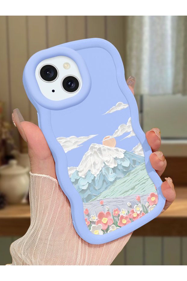 iPhone 15 Plus Compatible Case Camera Protector Blue Silicone Couple Phone Case Landscape Pattern