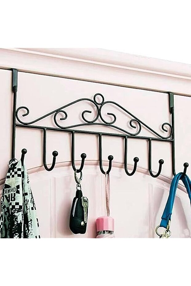 Over Door Hook Rack | 7 Hook Decorative Organizer for Coats, Clothes, Hats, Towels & Belts White