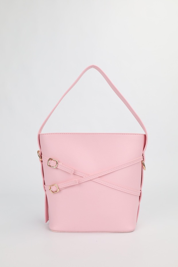 Women's Pink Double Belt Detailed Bucket Model Hand Shoulder Crossbody Bag Belle