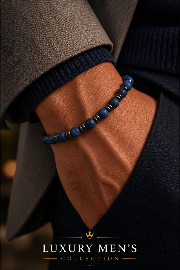 Luxury Men's Collection Men's Blue Natural Stone Beaded Bracelet