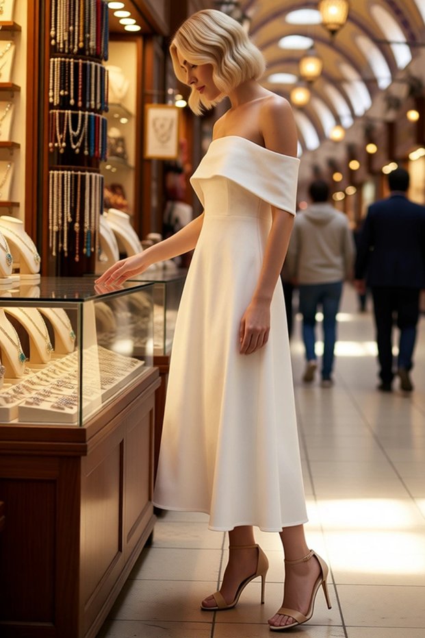Women's Carmen Collar Sleeveless Midi A-Line Woven Evening Dress with Open Waist Skirt Elegant Casual Comfortable