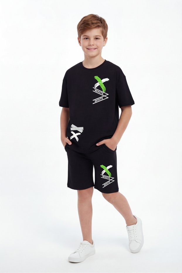Round Neck X White Print Detailed Summer Boys' Top and Bottom Set