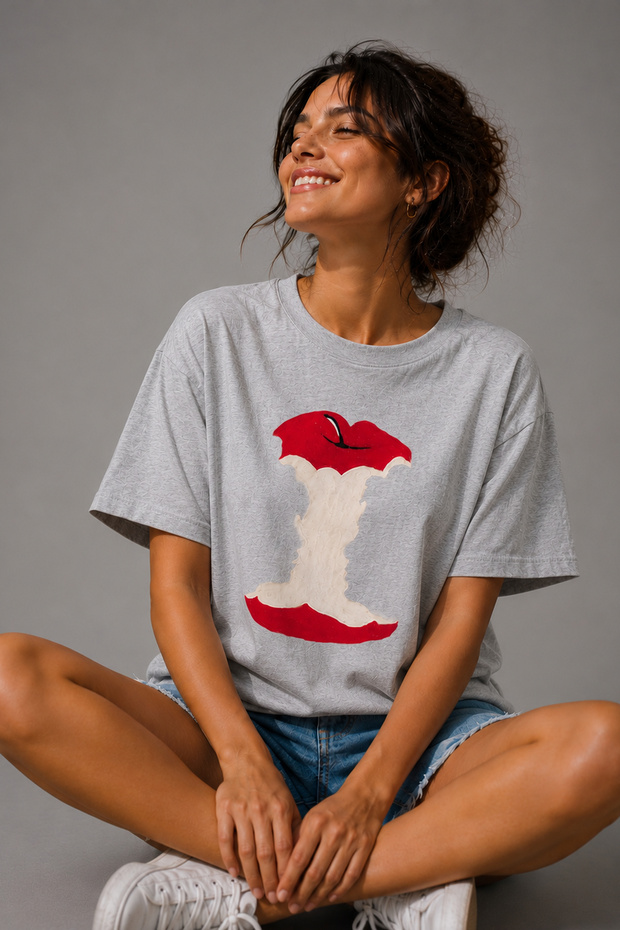 Bitten Apple Printed Unisex Oversize T-Shirt – Cotton Crew Neck Casual T-Shirt