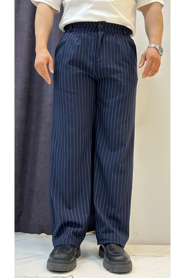 Striped Pleated Baggy Fit Fabric Trousers