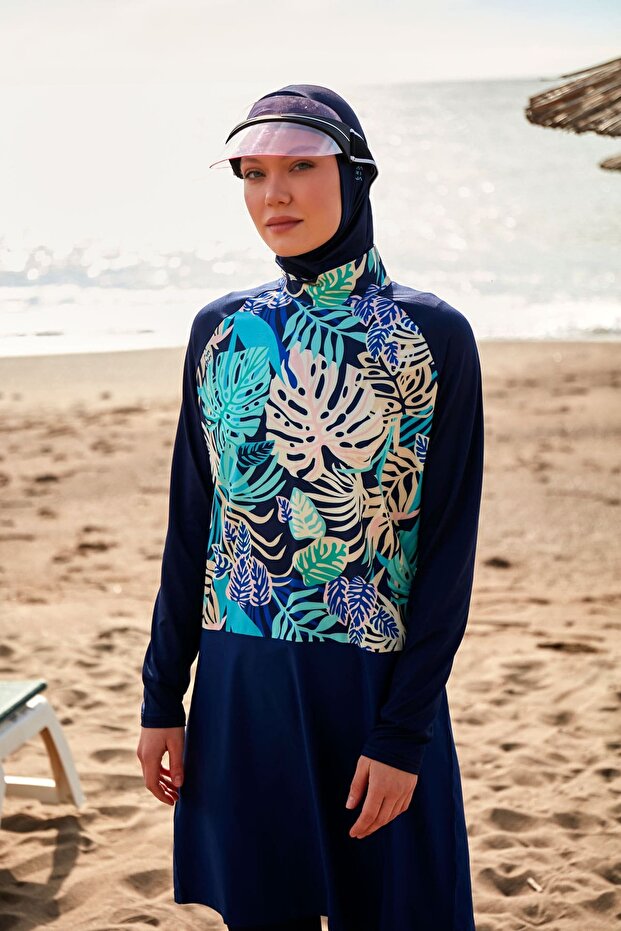 Product Name: Navy Blue Leaf Patterned Fully Covered Hijab Swimsuit Set of 4 M2490