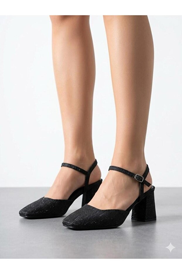 Women's Black Glittery Single Strap Square Toe Thick Heeled Shoes