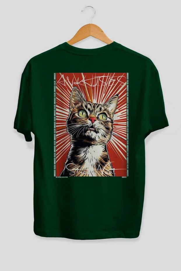 For the Love of Cats 60 Cats Printed Green Oversize T-Shirt 100% Cotton Unisex Cat Lover Premium Design