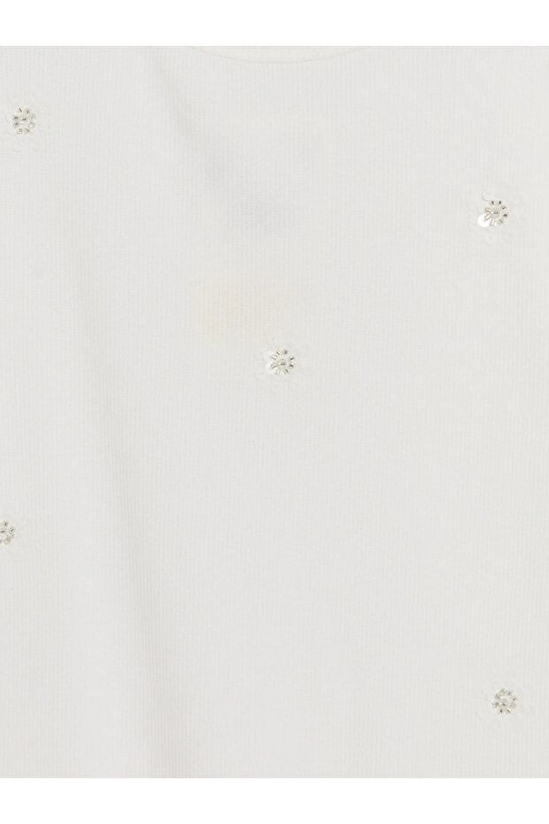 Ecru Sequin Embroidered Girls' T-Shirt