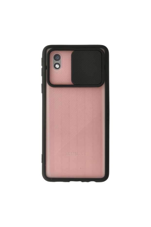 Compatible with Galaxy Models A01 Core Case Palm Frosted Camera Sliding Silicone - Black