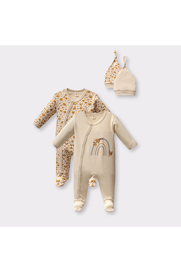 Floral Patterned 2-Piece Jumpsuit Set, Cream with Snap Fasteners and Hat