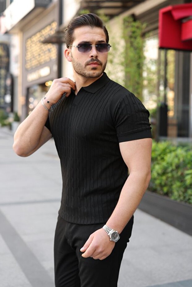 Men's knit pattern collar short sleeve knitwear t-shirt