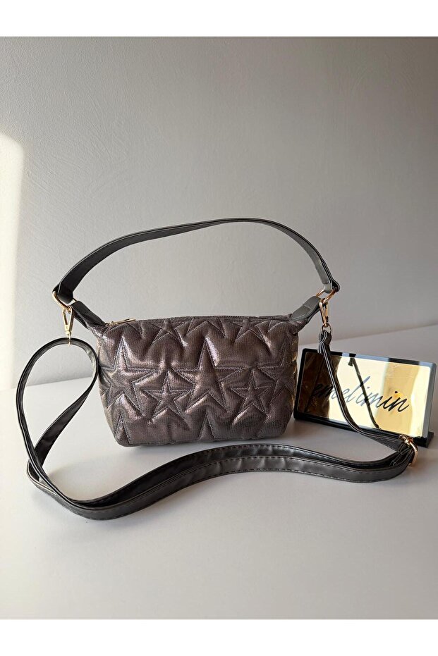 Women's Silvery Anthracite Star Embossed Mini Shoulder Bag - Stylish Baguette Bag for Daily Use