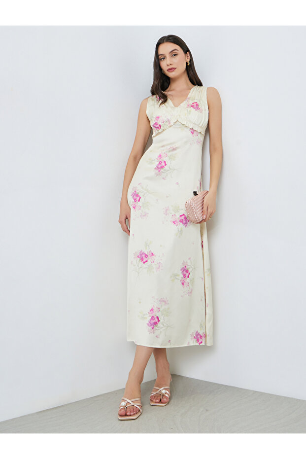 Cream Floral Sleeveless Maxi Dress