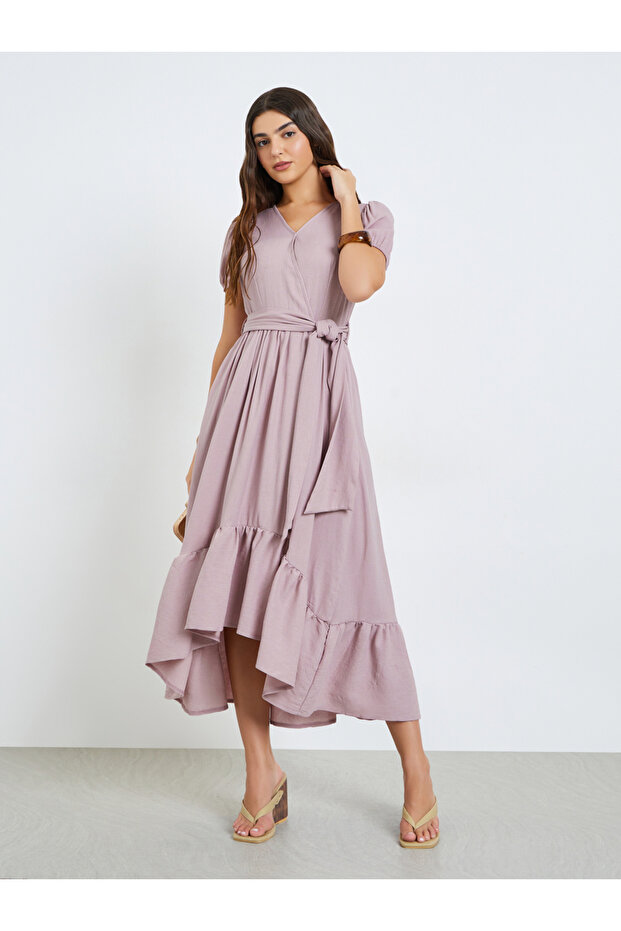 Pink Wrap Maxi Dress with Puff Sleeves