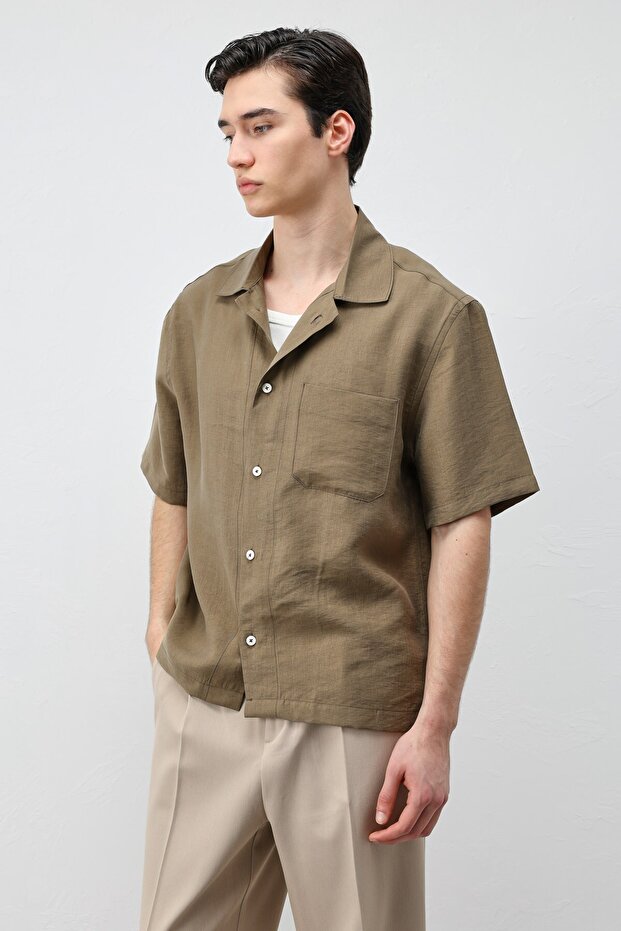 Khaki Lyocell Blended Short Sleeve Men's Shirt