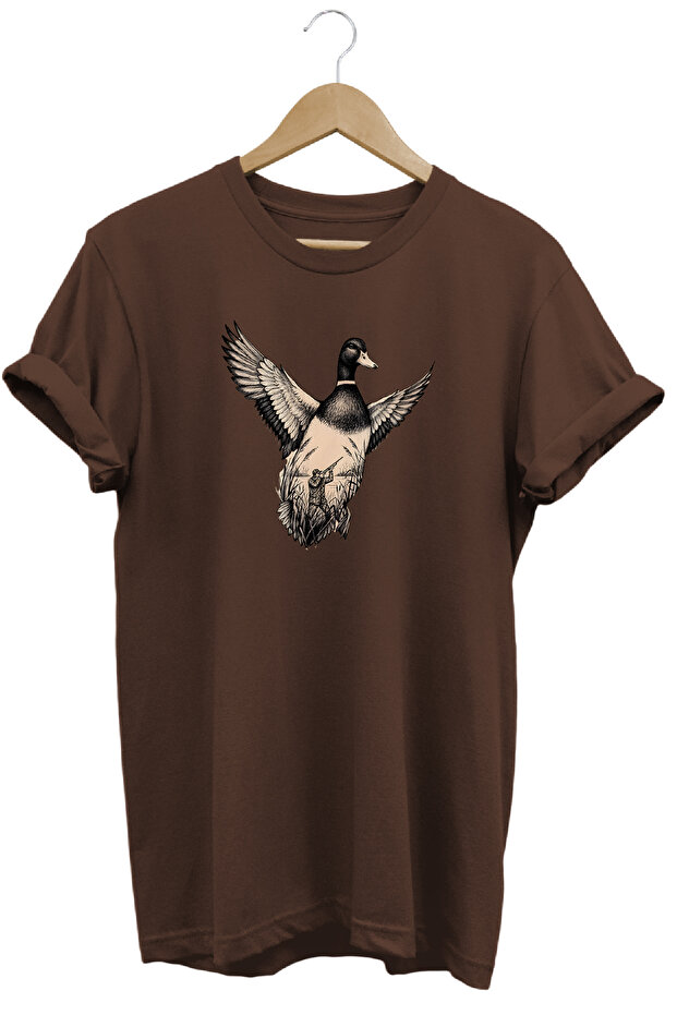 Unisex Regular Duck and Hunter Illustration Printed Crew Neck T-Shirt