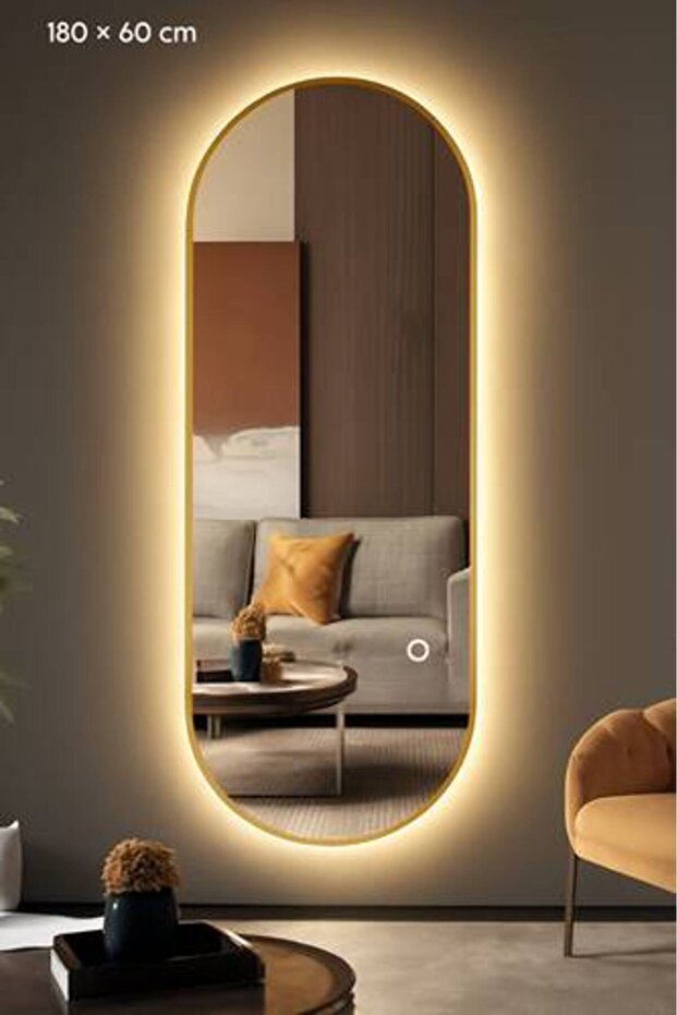 مرآة حائط LED كهربائية ثلاثية الألوان مع إطار ذهبي منحني - 180 × 60 cm