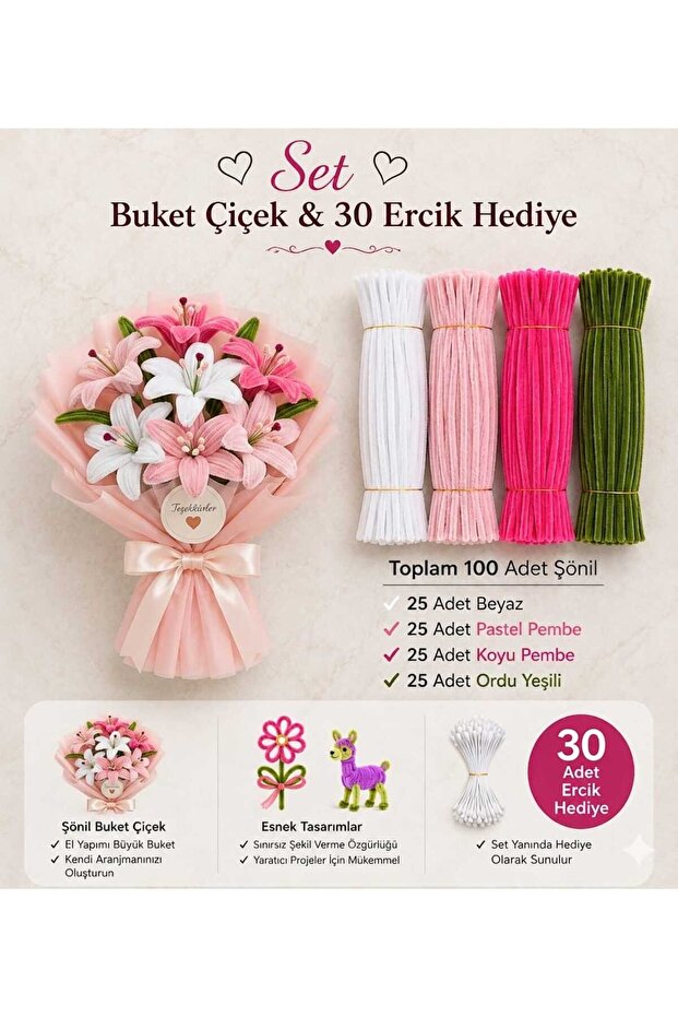 Chenille Flower Making Set 100 Pieces (White, Pastel Pink, Light Pink, Army Green)