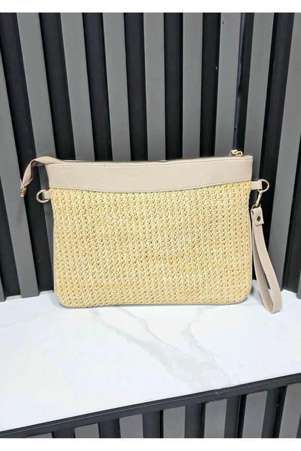 Unisex Straw Zipper Lined Long Strap Handbag Tablet Bag Portfolio Bag