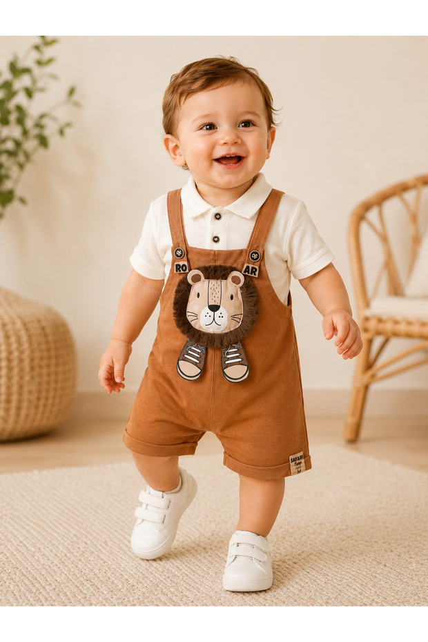 Baby Boy Salopet Set with Lion Figure, 100% Cotton Polo Collar T-Shirt, 6-24 Months