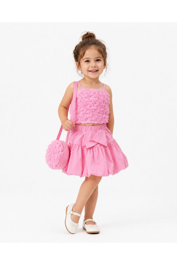Girl's Floral Detailed Balloon Skirt Set with Bag, Stylish Summer Combination for Ages 2-6