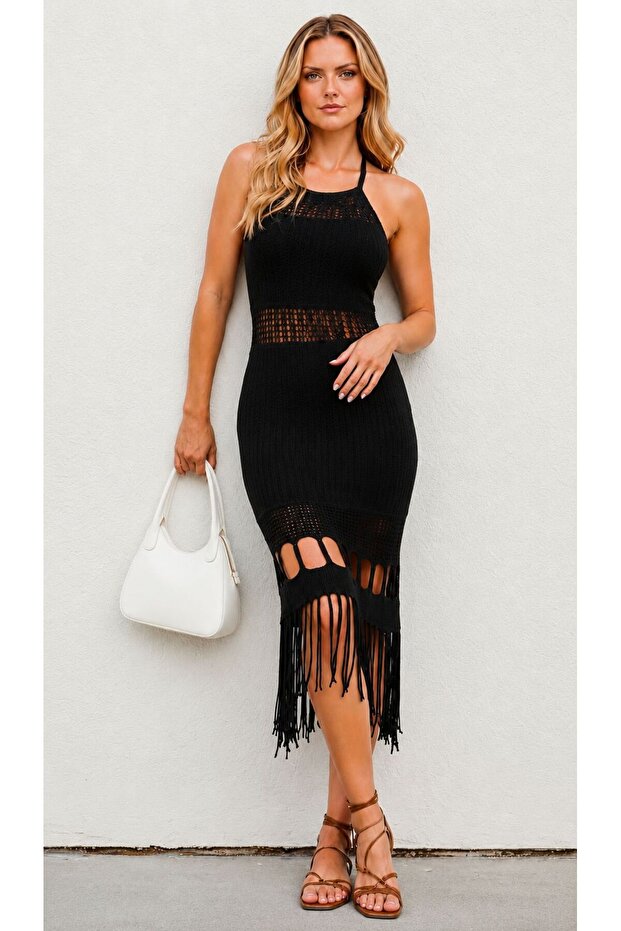 Black Pareo Long Beach Dress with Halter Neck