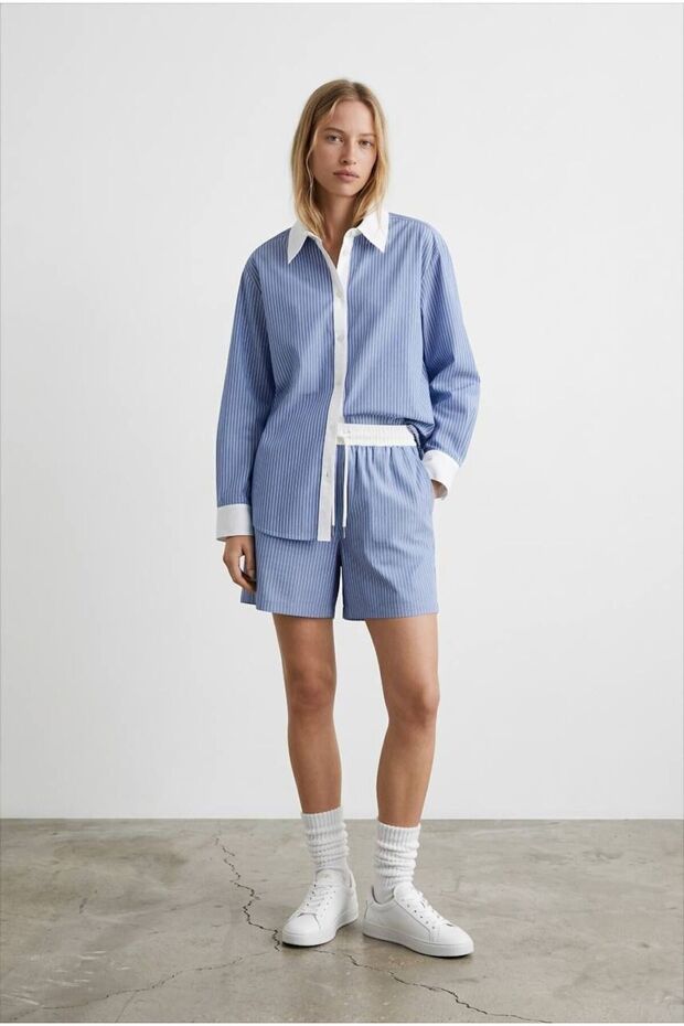 Relaxed Fit Contrast Collar Striped Shirt Shorts Set # 1860