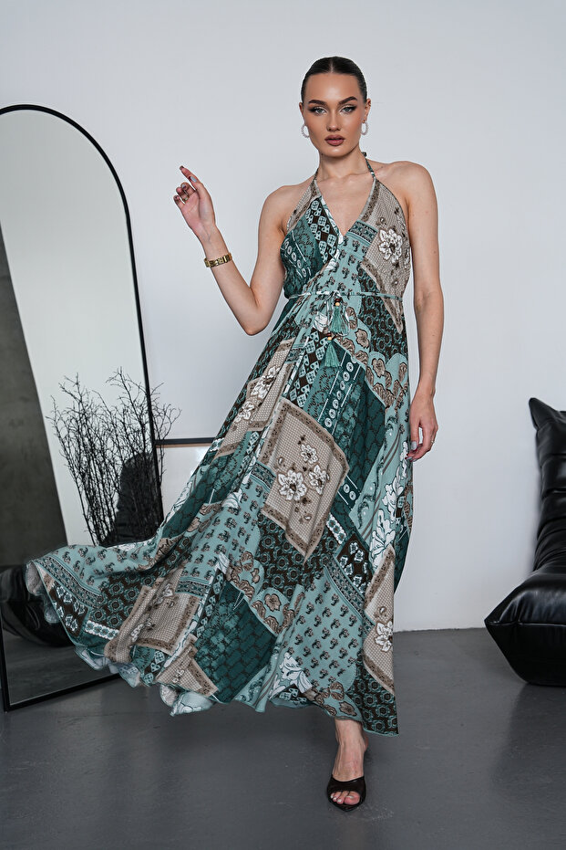 Long Oversized Dress with Halter Neck Detail and Backless Slit