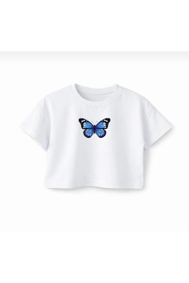 New Season Blue Butterfly Printed Baby Girl-Kid Crop T-Shirt