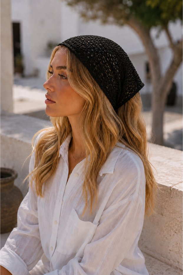 Black Mesh Knitted Bandana Women's Tie-Back Hair Band Lightweight Stretchy Daily Bandana