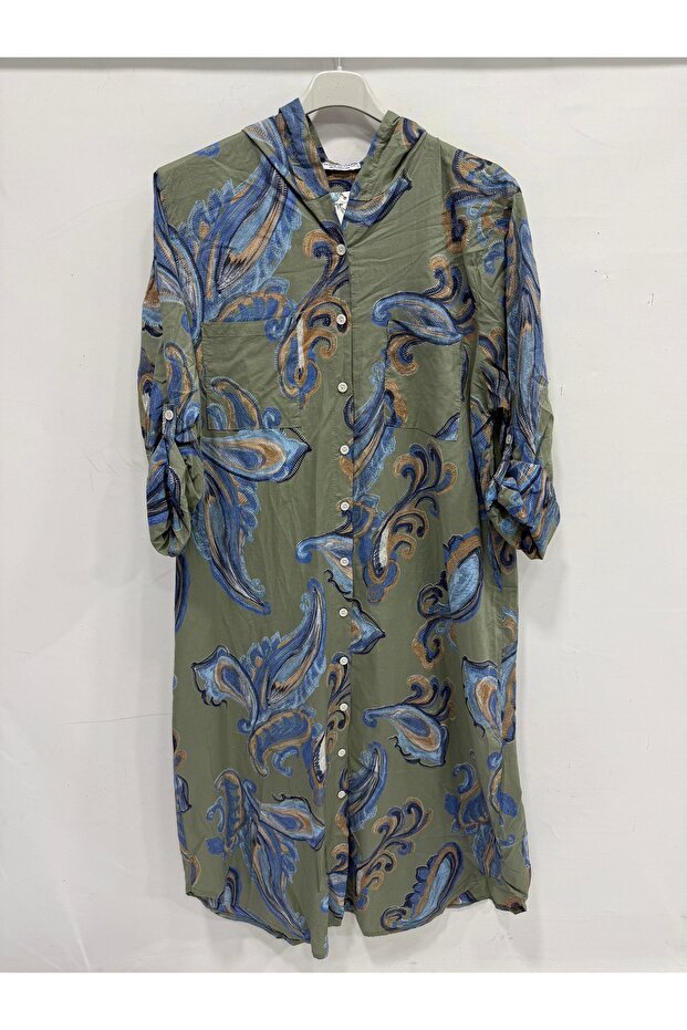 Khaki Italian Shawl Pattern Hooded Foldable Long Sleeve Oversize Long Shirt Dress 42 - 46 Size