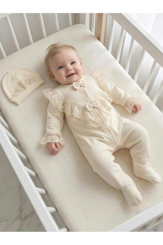 Baby Girl Mevlütlük Jumpsuit with Lace Hat, 100% Cotton, Hospital Release Newborn Tk2018
