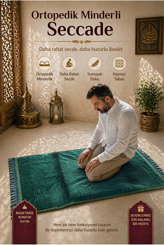 Orthopedic Cushioned Prayer Mat with Non-Slip Base, Soft Textured Comfortable Prayer Mat - Green