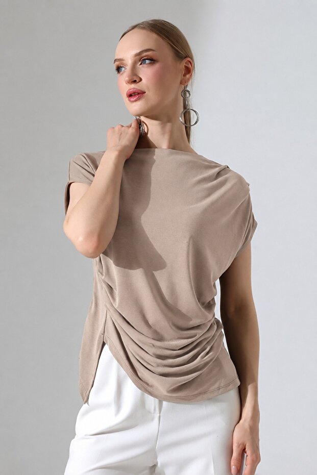 Women's Asymmetrical Beige Draped Stylish Blouse