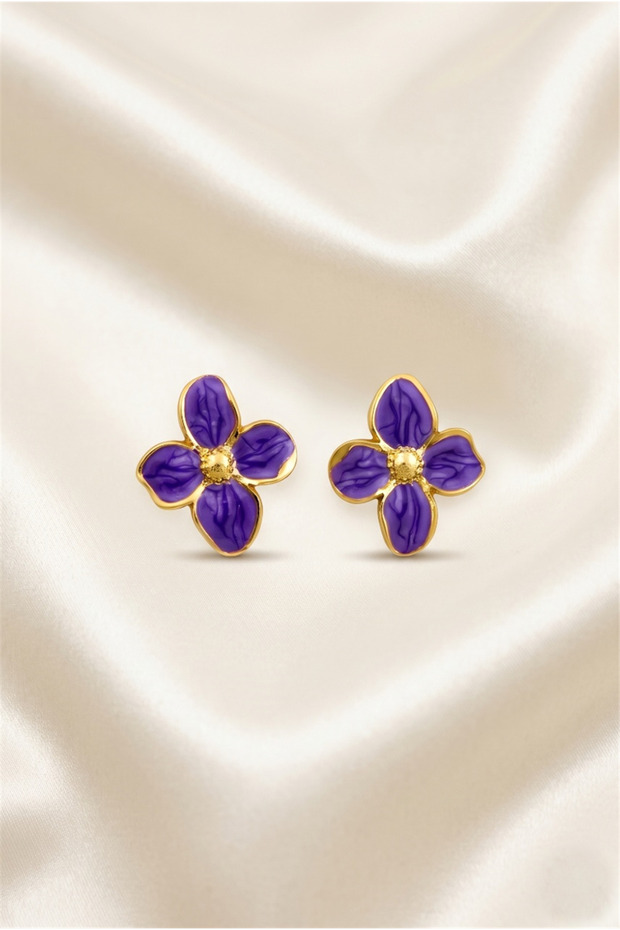 Purple Enamel Flower Figured Gold Color Nail Earrings