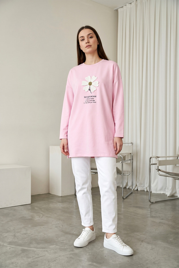 Floral Embroidery Detailed Crew Neck Combed Cotton Tunic - Pink