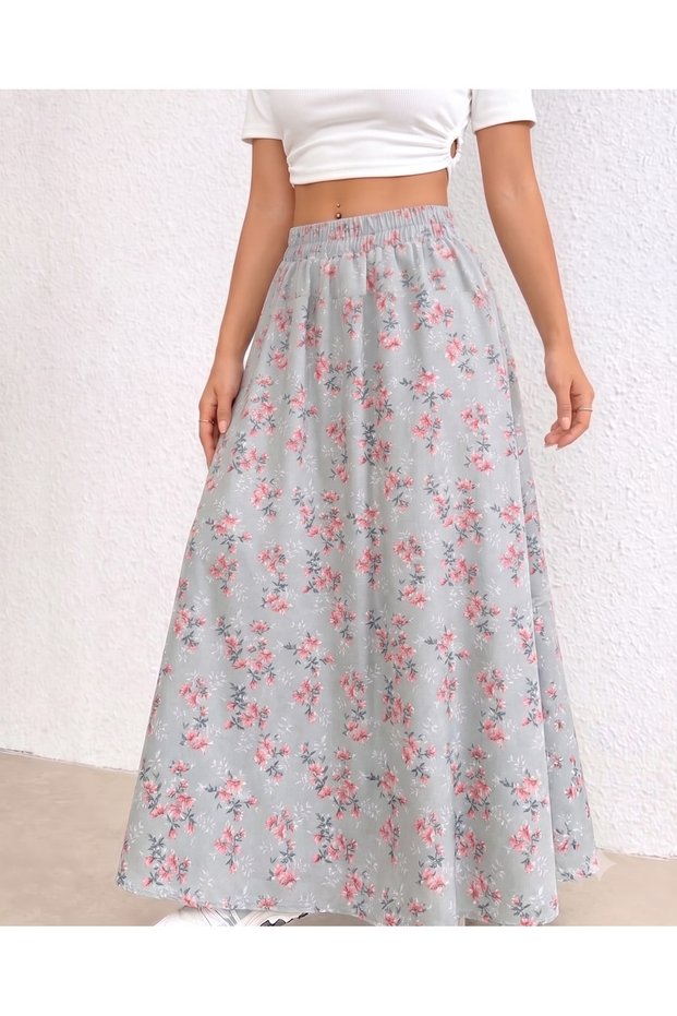 Women's Elastic Waist Satin Fabric Flared Skirt Length 90 cm