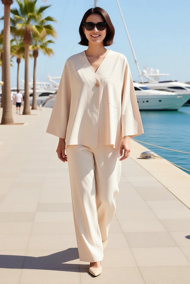 Women's Large Size V-Neck Long Sleeve Relaxed Cut 100% Cotton Double Set with Pockets Daily Comfortable Modern
